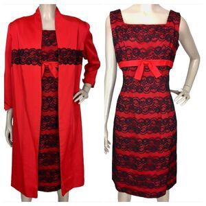 Vintage 1950s Jackie Morgan California Red Black Lace Dress & Coat Suit Set